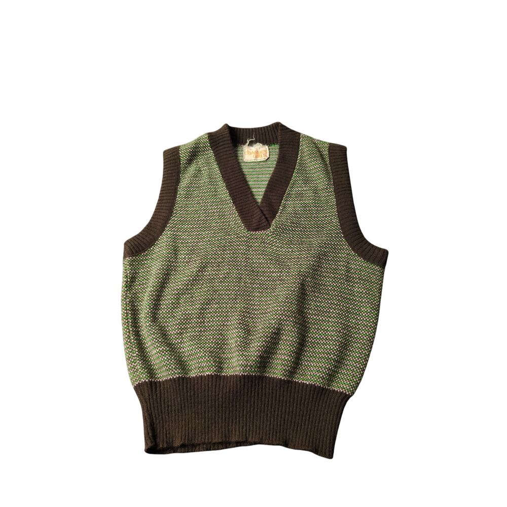 70s Charlies Girls Sweater Vest Erika Elias Green Brown XS Cropped Retro